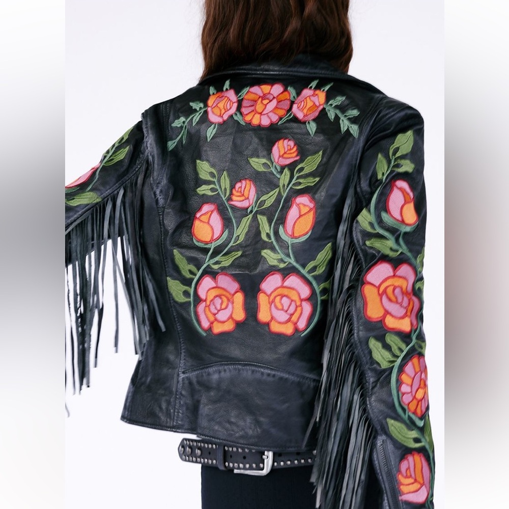 Mauritius x Free People Chrissy Floral Fringe Jacket Black and Rose Leather [S]